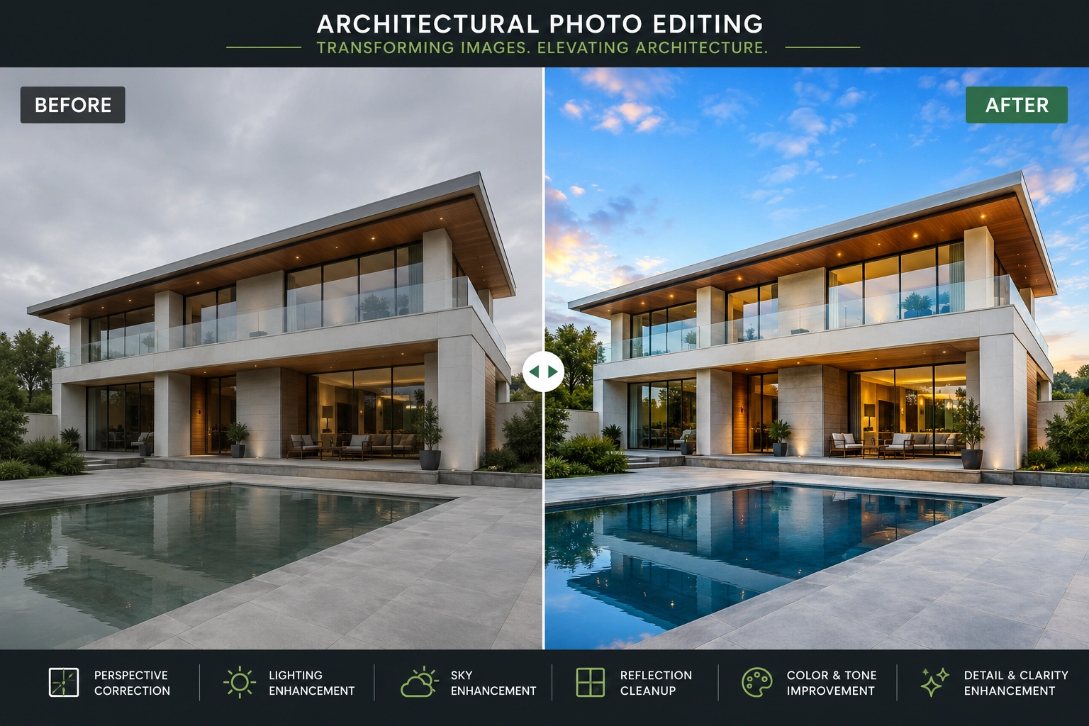 Architectural photo editing before and after