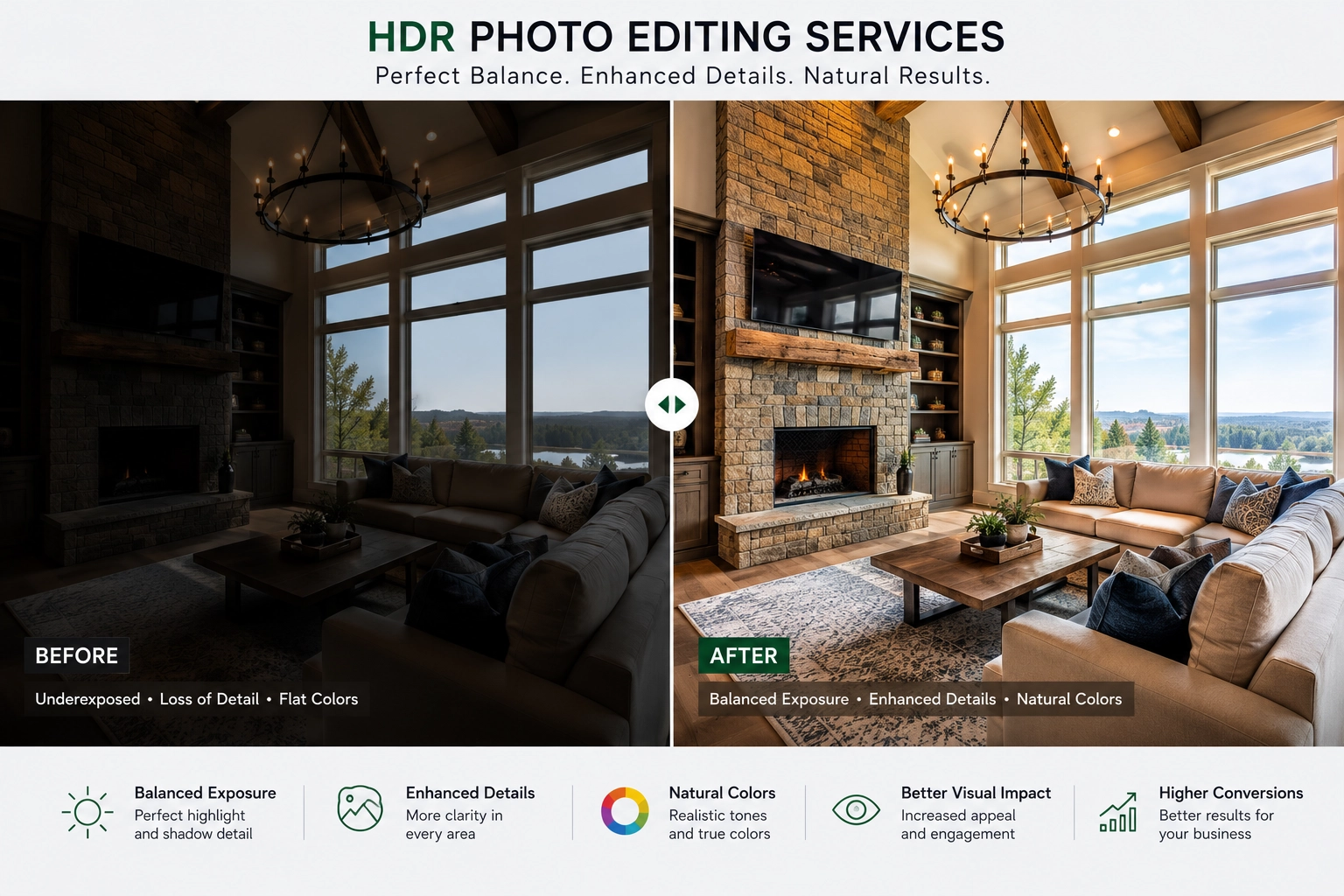 Before and after comparison showing the results of professional HDR photo editing