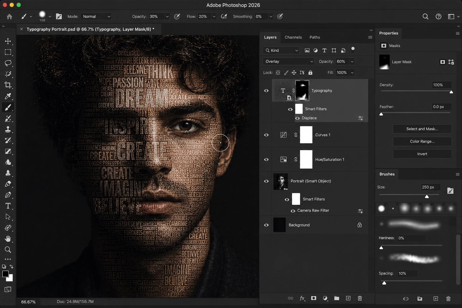 Refining a typography portrait using layer masks and blend modes in Photoshop 2026