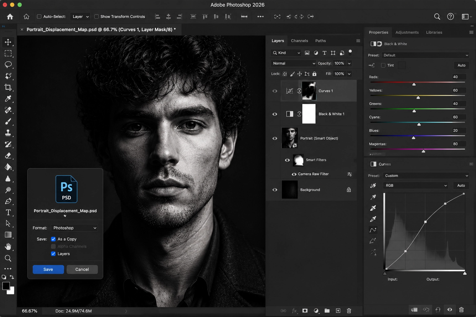 Creating a displacement map for a typography portrait in Photoshop 2026