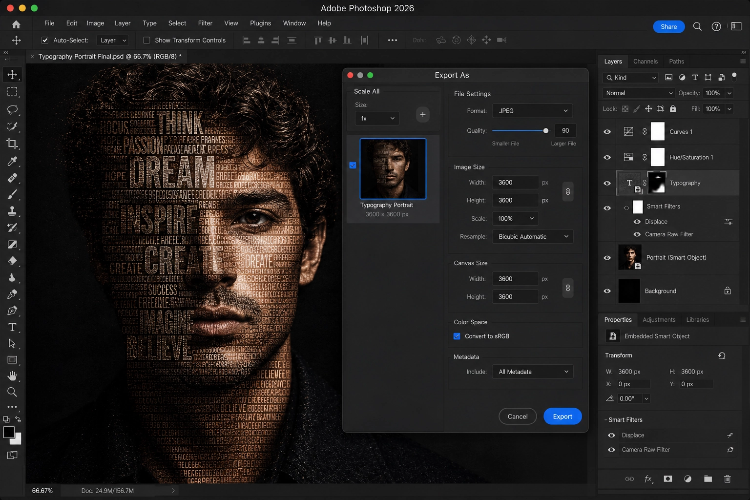 Exporting a completed typography portrait from Adobe Photoshop 2026