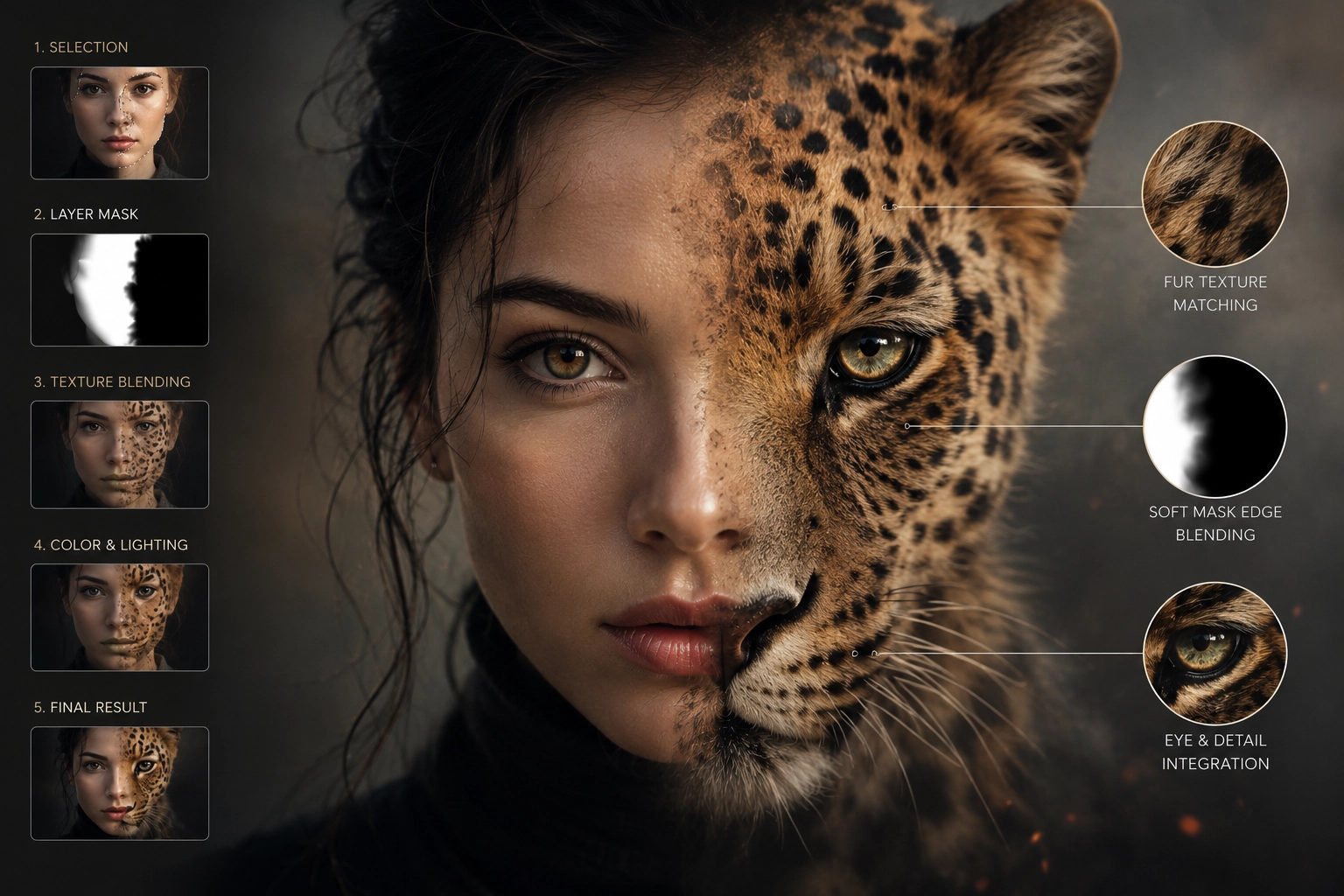 Realistic animal human hybrid portrait in Photoshop 2026