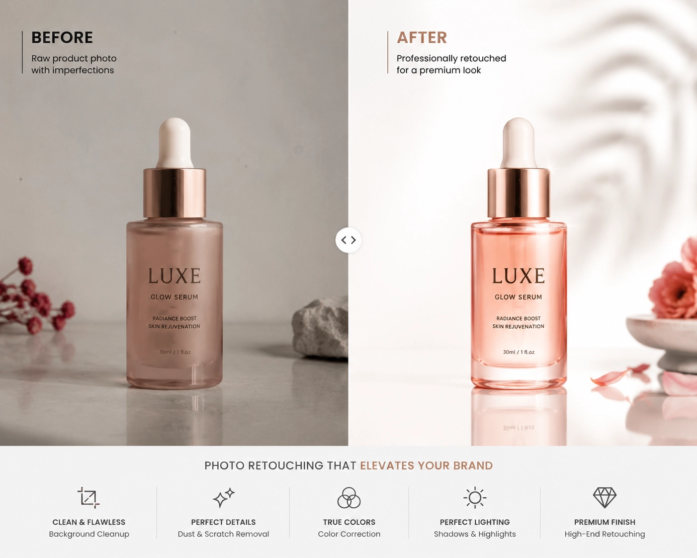 Before and after cosmetic product photo retouching showing professional image enhancement for eCommerce photography